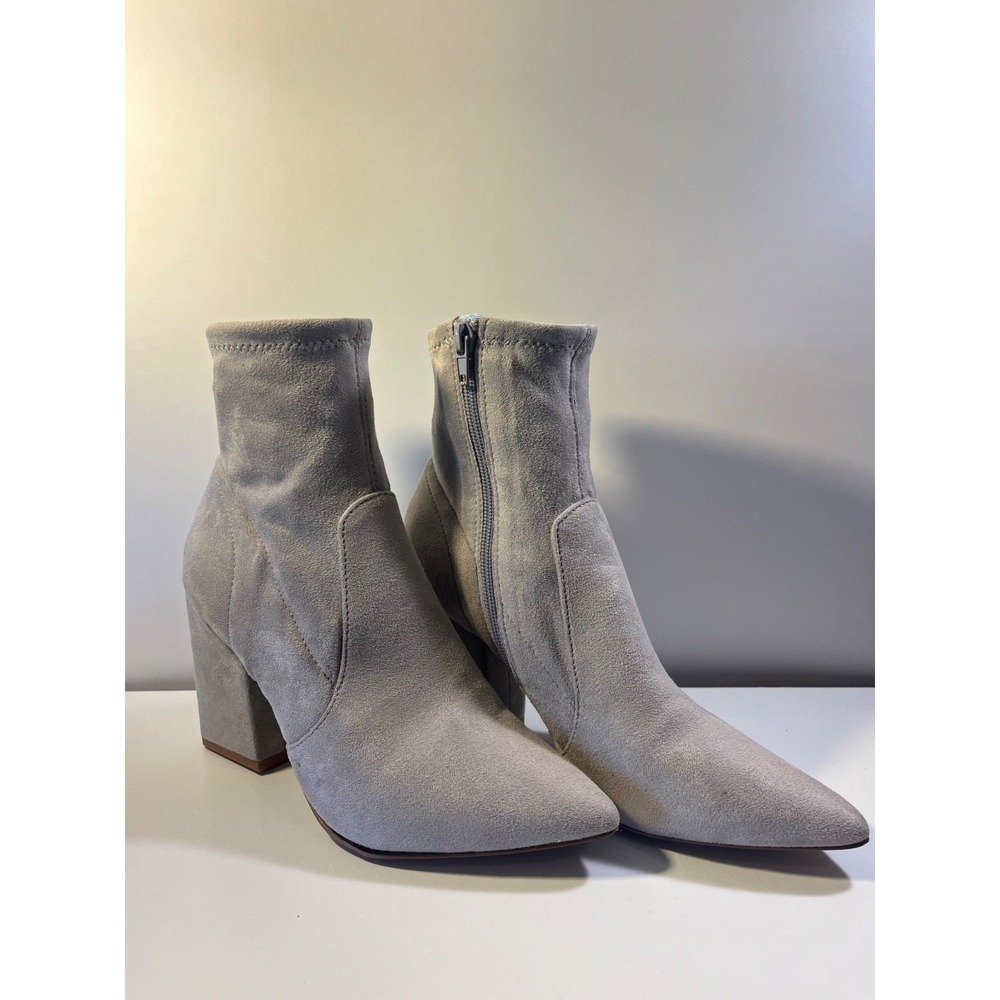 Minimalist Express Boots Womens Size 7.5M Gray Suede Side Zip Ankle Heel Booties